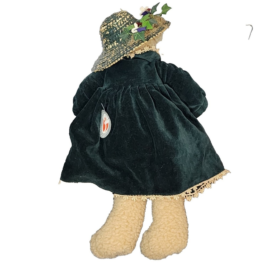 Vintage 1990s Delton Charlotte Victorian Teddy Bear Green Velvet Dress Straw Hat - Picture 8 of 10